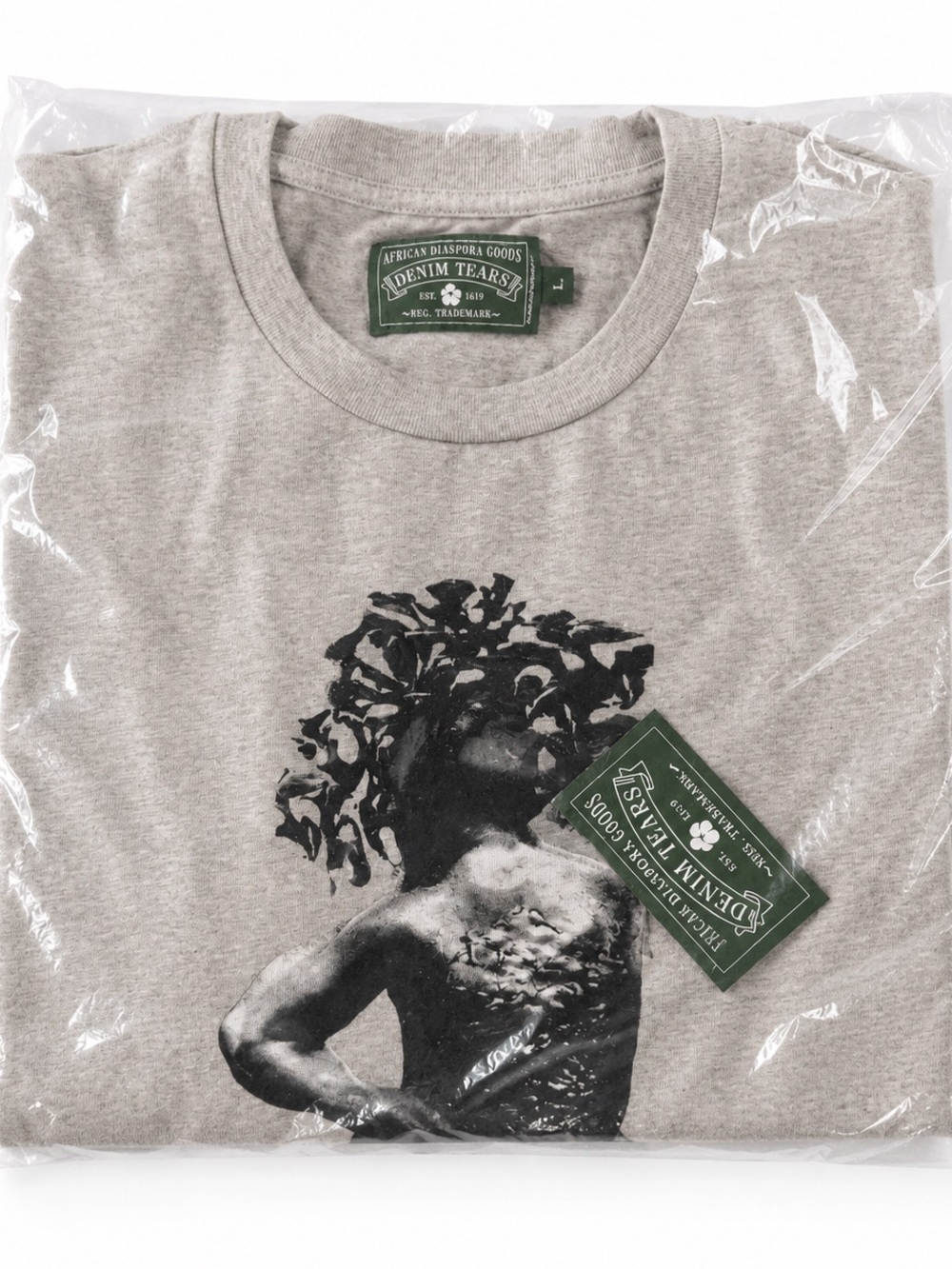 Denim Tears Men’s Gray Short Sleeve Graphic Tee with Black Art Motif - Picture 7 of 7